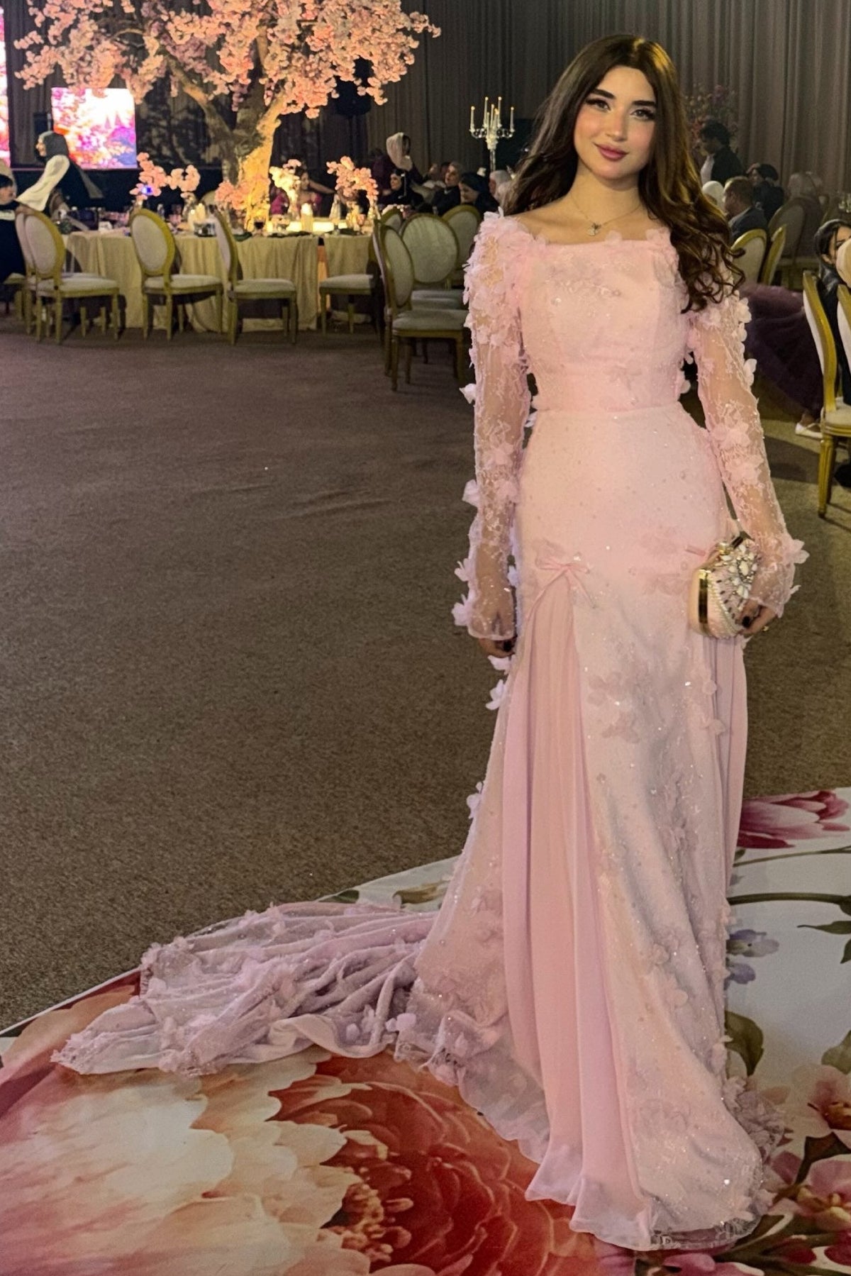 3D Floral Applique Long Sleeve Evening Gown