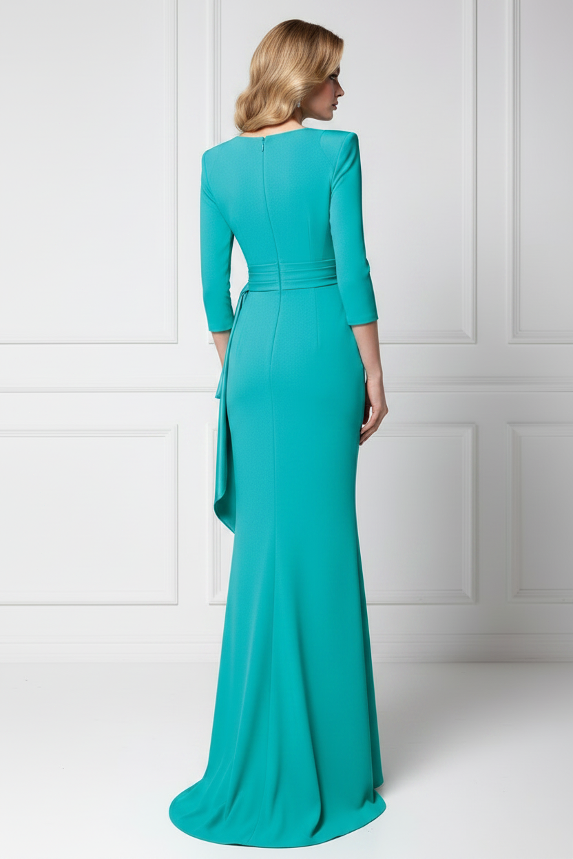 Deep V-Neck 3/4 Sleeve Crepe Evening Gown