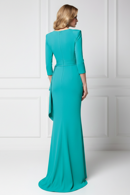 Deep V-Neck 3/4 Sleeve Crepe Evening Gown