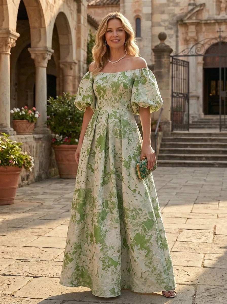Off-the-Shoulder Jacquard Puff Sleeve Gown