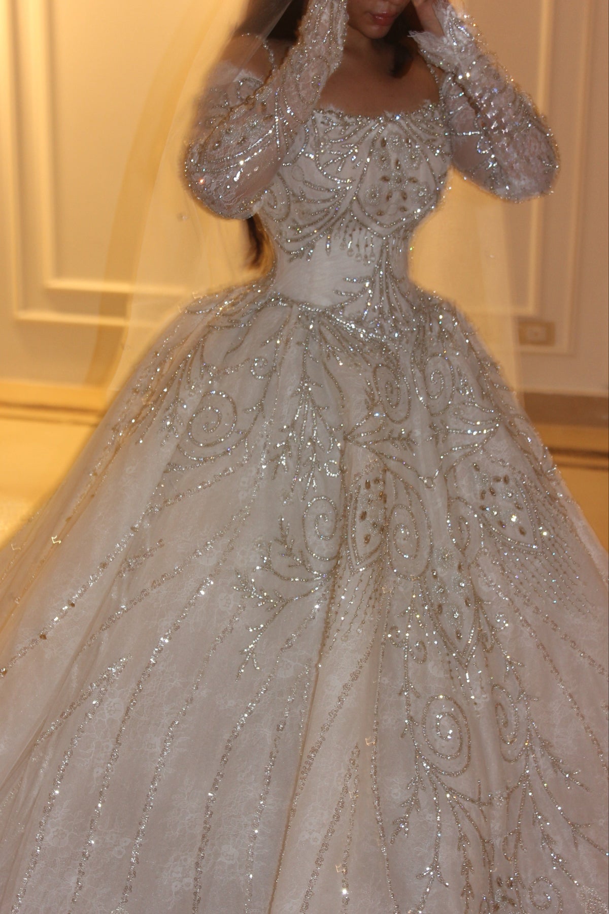 Beaded Ball Gown Wedding Dress with Long Sleeves