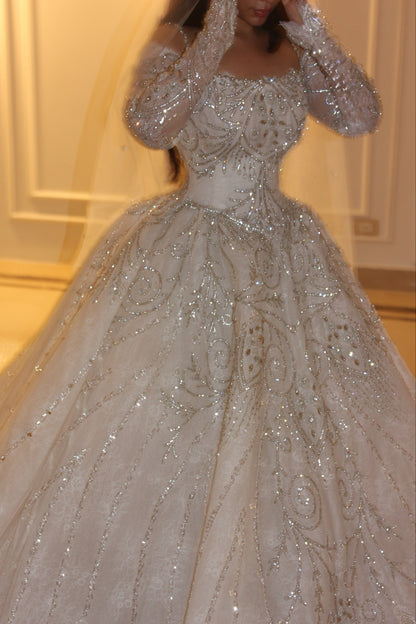 Beaded Ball Gown Wedding Dress with Long Sleeves