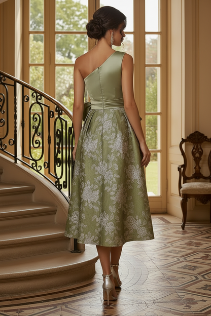 One-Shoulder Satin and Jacquard Midi Dress