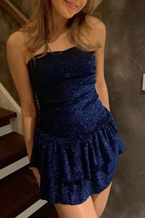 Strapless Glitter Tiered Ruffled Mini Dress