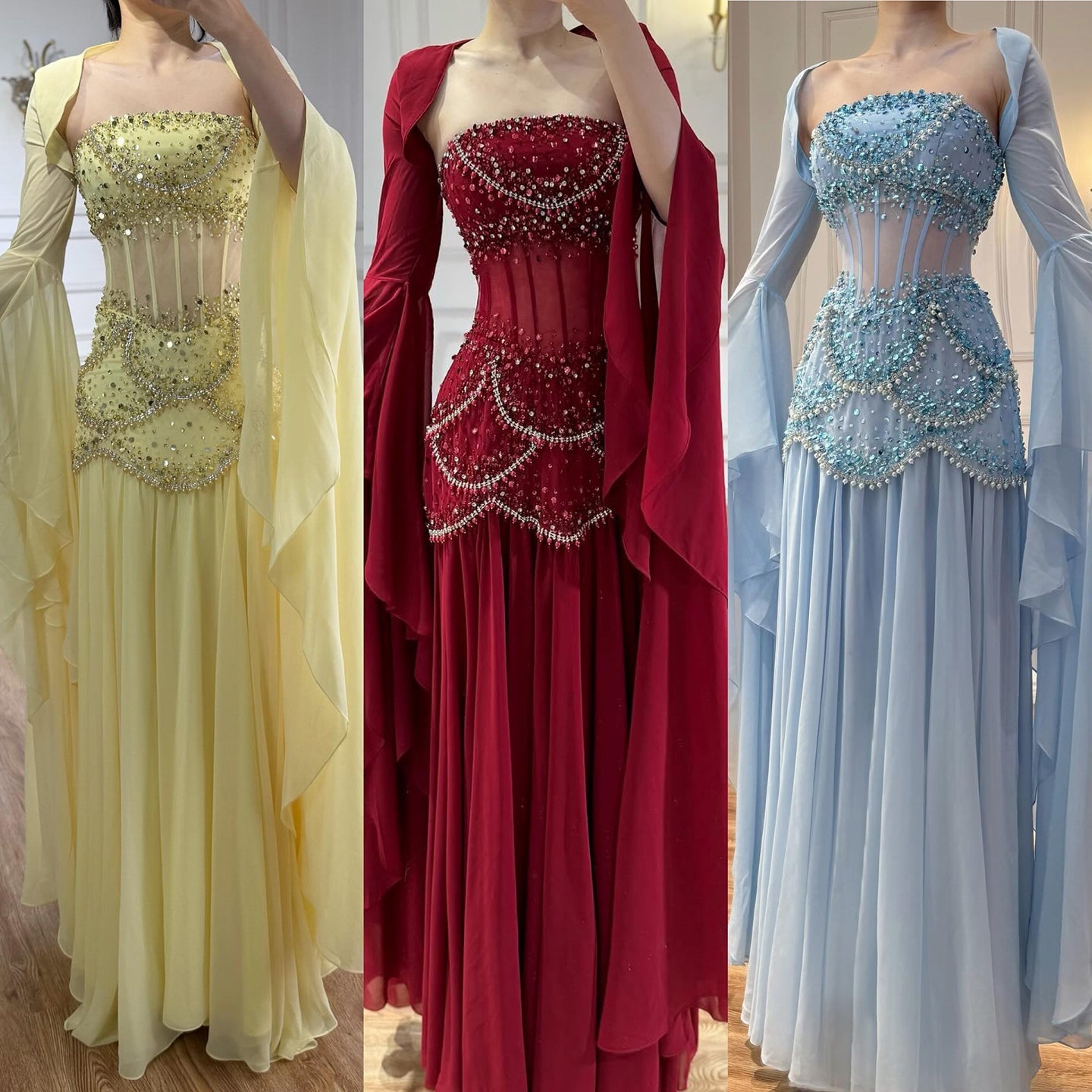 Embellished Corset Evening Gown with Bell Sleeve Jacket