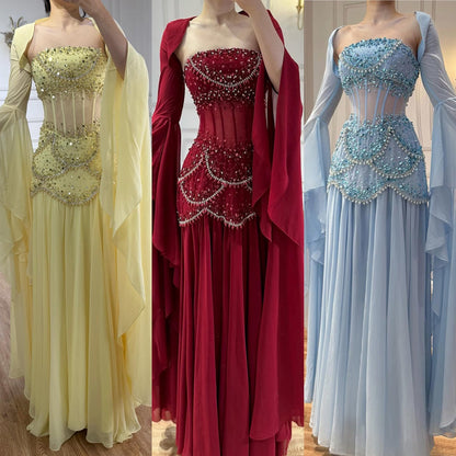 Embellished Corset Evening Gown with Bell Sleeve Jacket