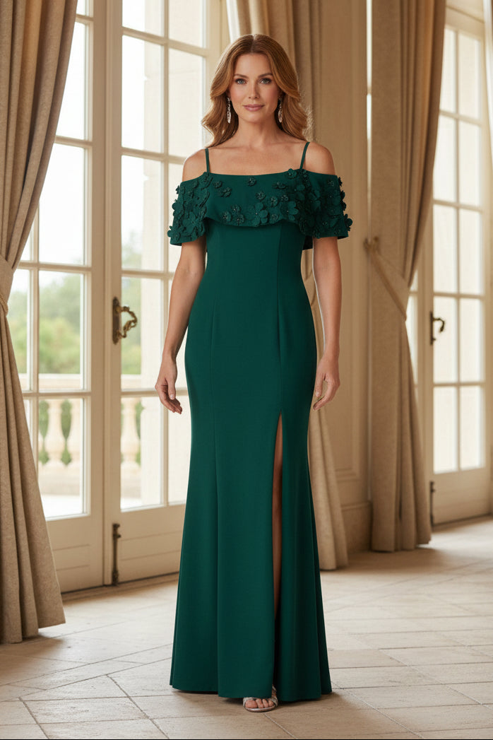 Off-the-Shoulder Sheath Gown with 3D Floral Flounce