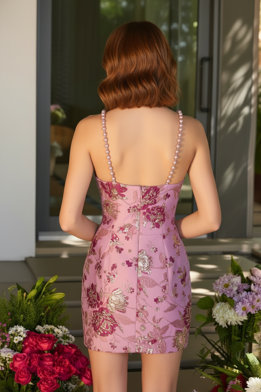 Metallic Floral Jacquard Mini Dress with Pearl Straps