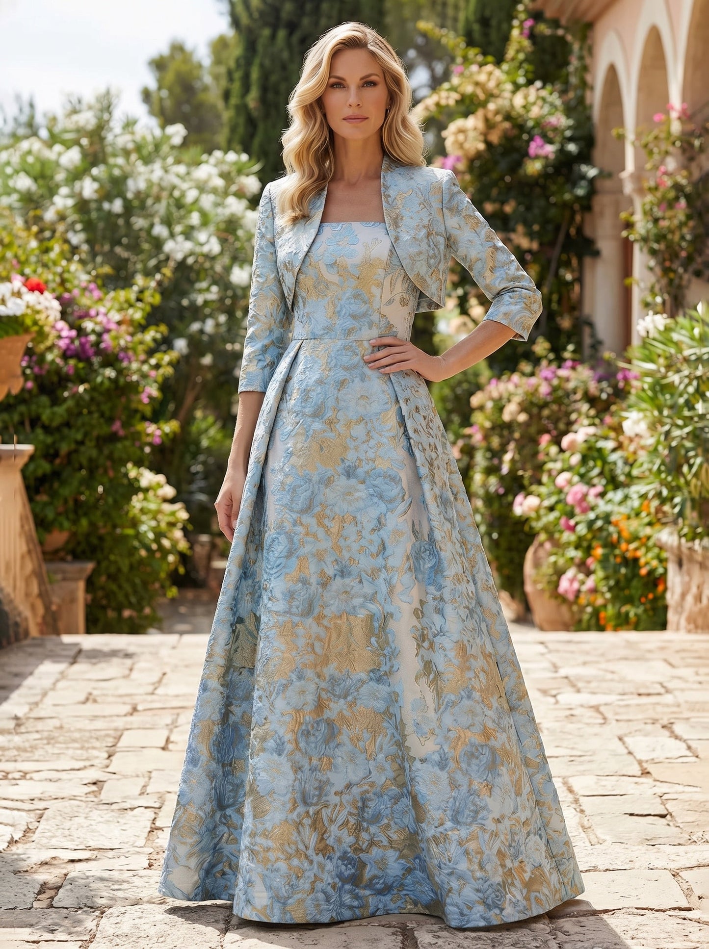 Floral Jacquard A-Line Gown with Matching Cropped Jacket