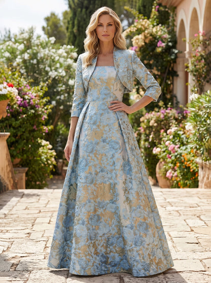 Floral Jacquard A-Line Gown with Matching Cropped Jacket