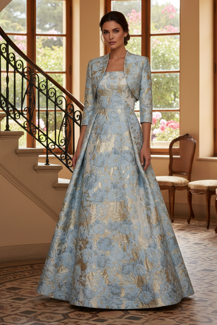 Floral Jacquard A-Line Gown with Matching Cropped Jacket