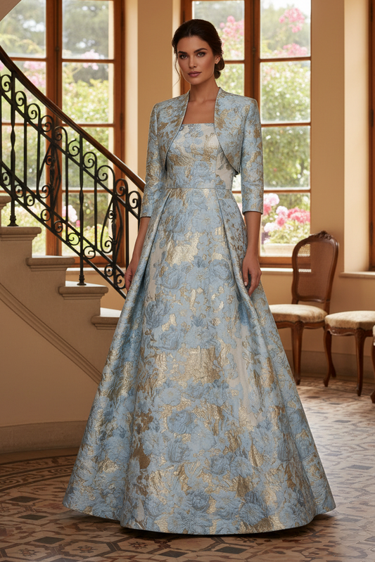 Floral Jacquard A-Line Gown with Matching Cropped Jacket