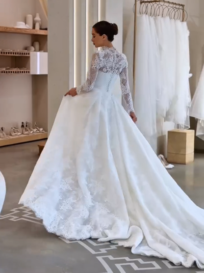 High Neck Lace Mermaid Bridal Gown with Overskirt
