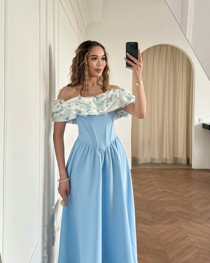 Off-the-Shoulder Corset Midi Dress with Floral Ruffle