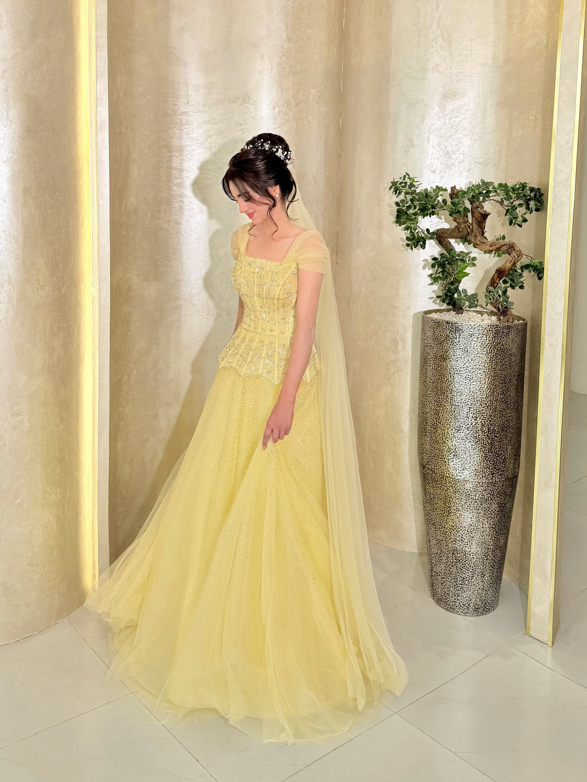 Corset Peplum Ball Gown with Cape