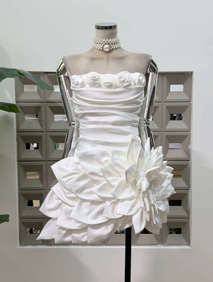 Strapless Ruched Mini Dress with 3D Floral Accents