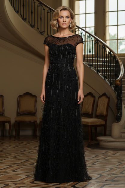 Beaded Feather Maxi Evening Gown with Illusion Neck