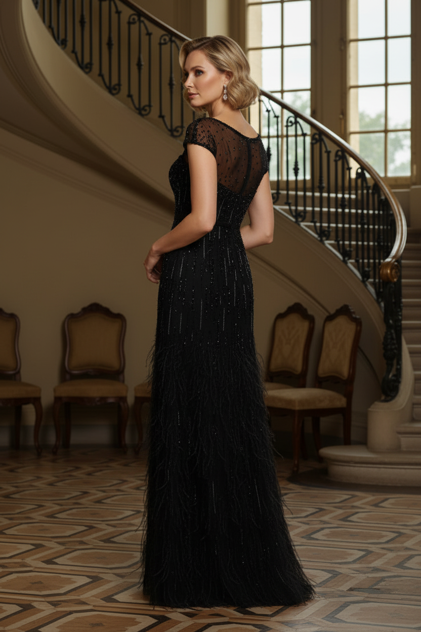 Beaded Feather Maxi Evening Gown with Illusion Neck