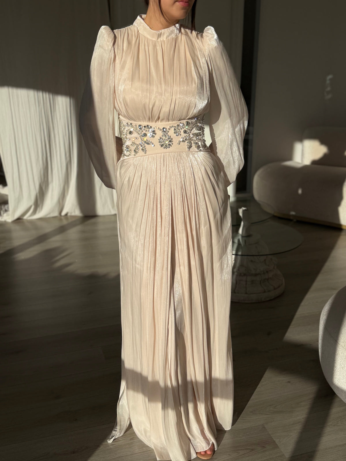Pleated High-Neck Gown with Rhinestone Waist