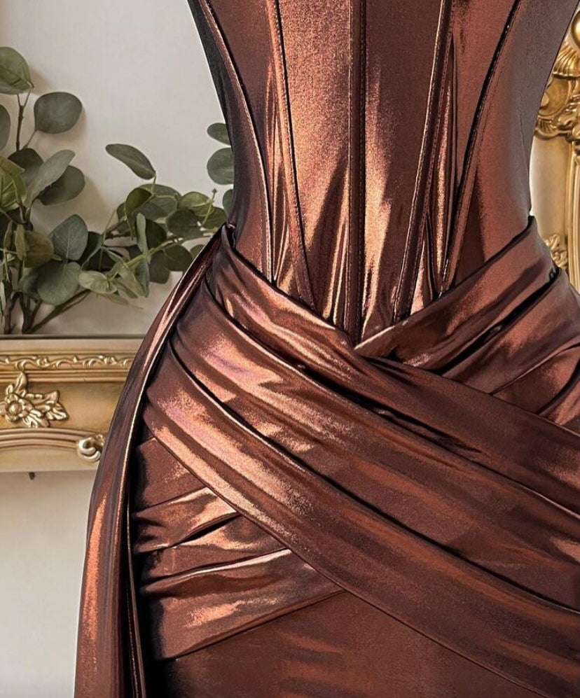 Strapless Corset Metallic Mini Dress with Side Drape