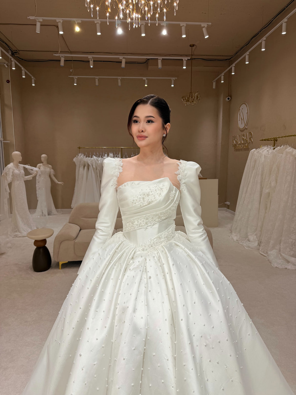 Strapless Asymmetric Pleated Pearl Ball Gown