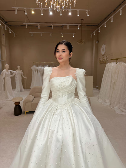 Strapless Asymmetric Pleated Pearl Ball Gown