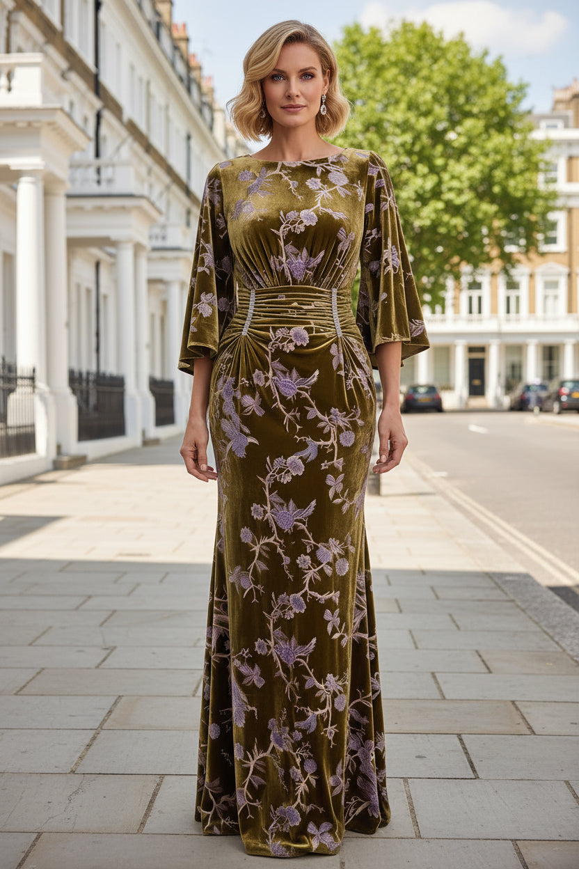 Floral Embroidered Velvet Gown with Bell Sleeves
