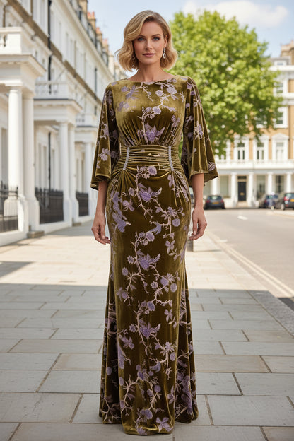 Floral Embroidered Velvet Gown with Bell Sleeves