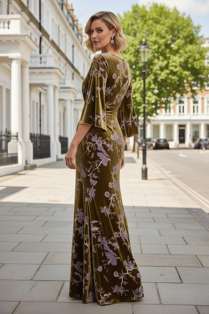Floral Embroidered Velvet Gown with Bell Sleeves
