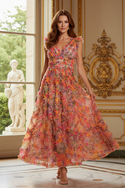 Floral Tiered Ruffle V-Neck Maxi Dress
