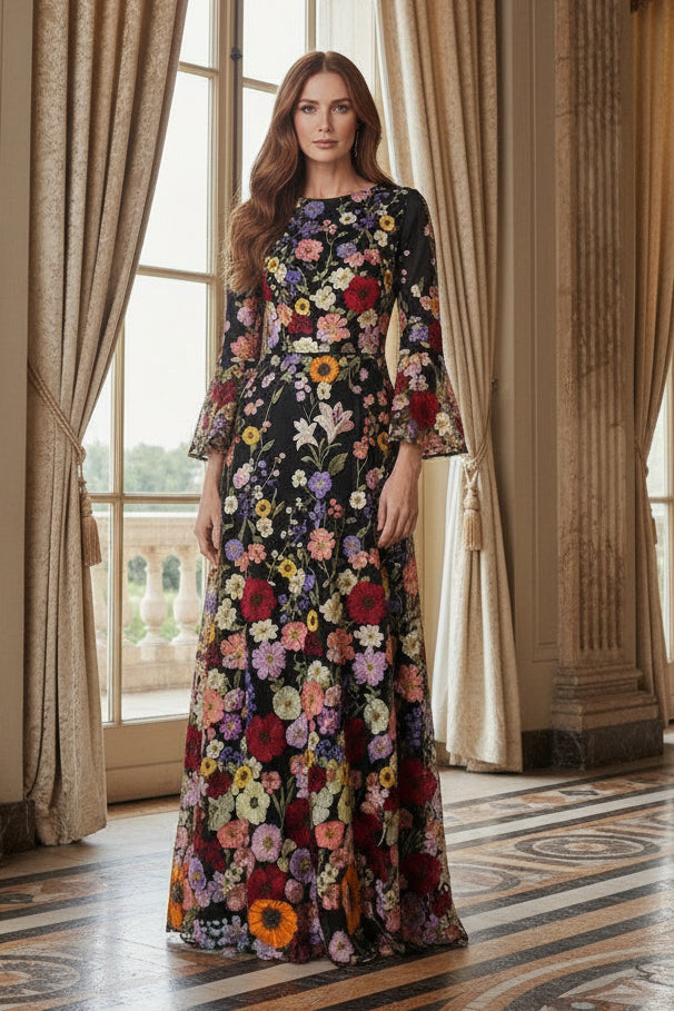 Floral Embroidered Bell Sleeve A-Line Gown