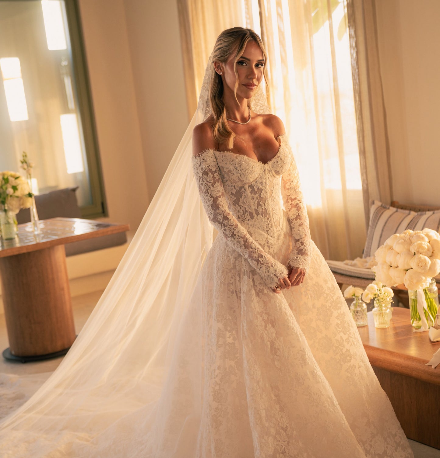 Off-the-Shoulder Long Sleeve Lace Wedding Dress