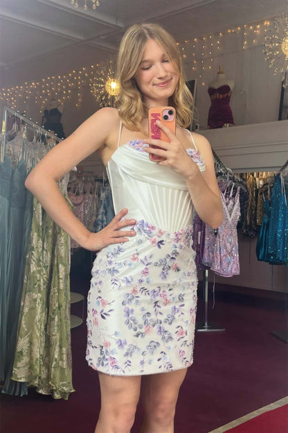 Floral Embroidered Corset Mini Dress with Spaghetti Straps