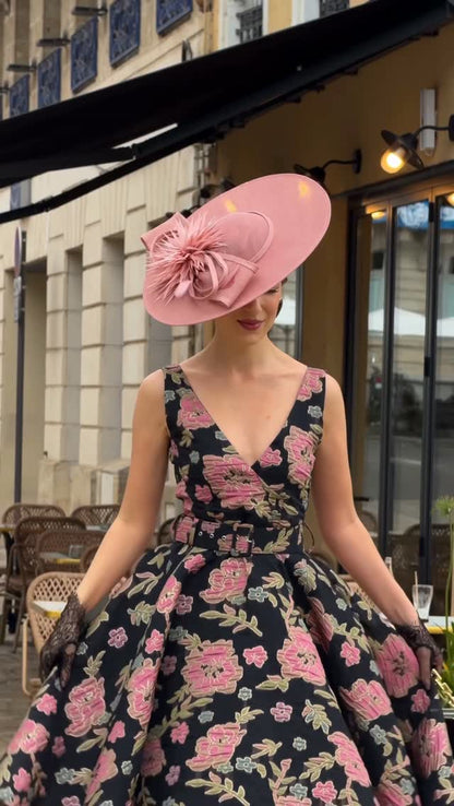 Floral Jacquard V-Neck Midi Dress with Belt