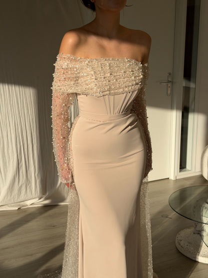 Off-the-Shoulder Pearl Gown with Cape Train