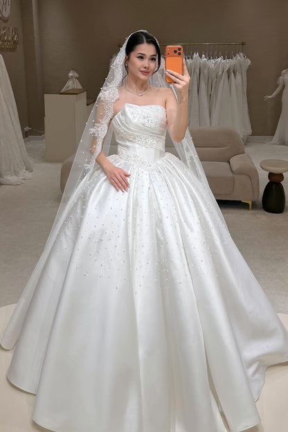Strapless Asymmetric Pleated Pearl Ball Gown