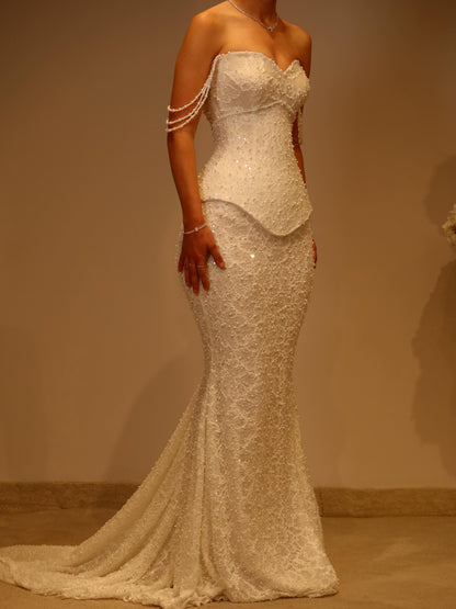 Lace Mermaid Corset Wedding Dress with Pearl Straps