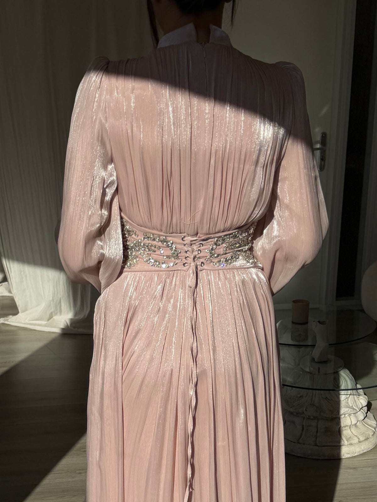Pleated High-Neck Gown with Rhinestone Waist