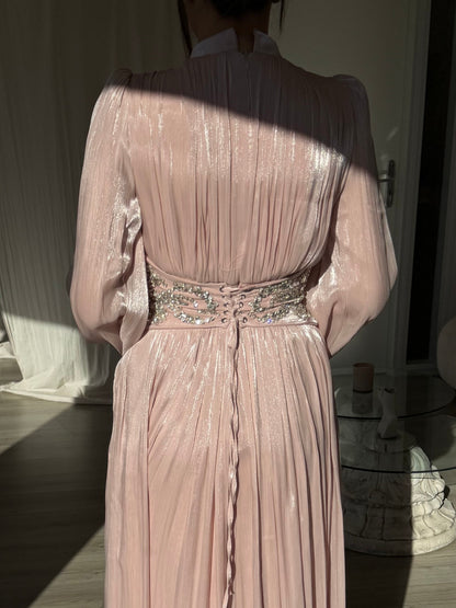 Pleated High-Neck Gown with Rhinestone Waist