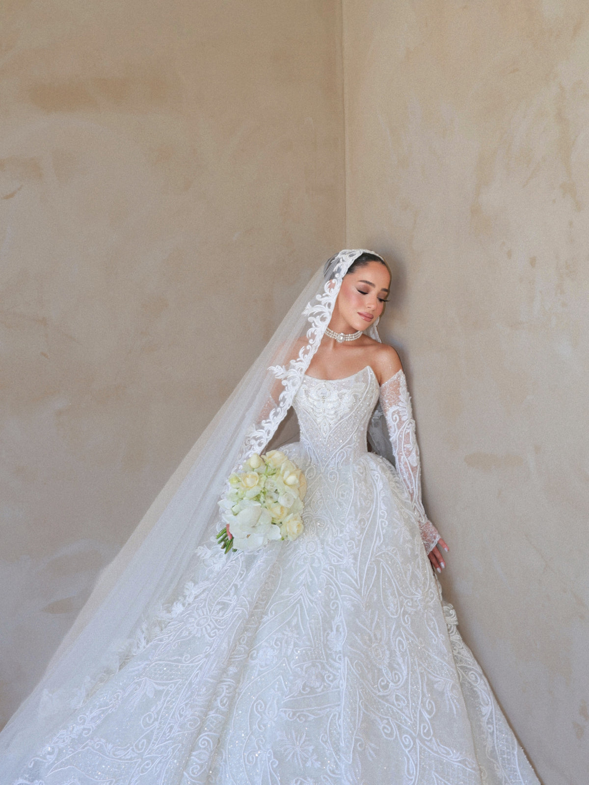 Embroidered Ball Gown Wedding Dress with Sleeves