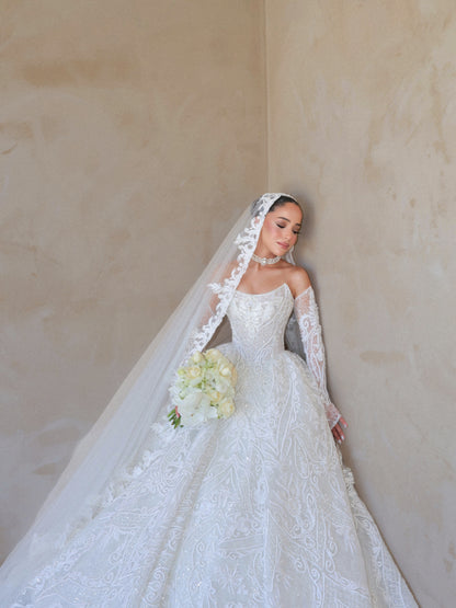 Embroidered Ball Gown Wedding Dress with Sleeves