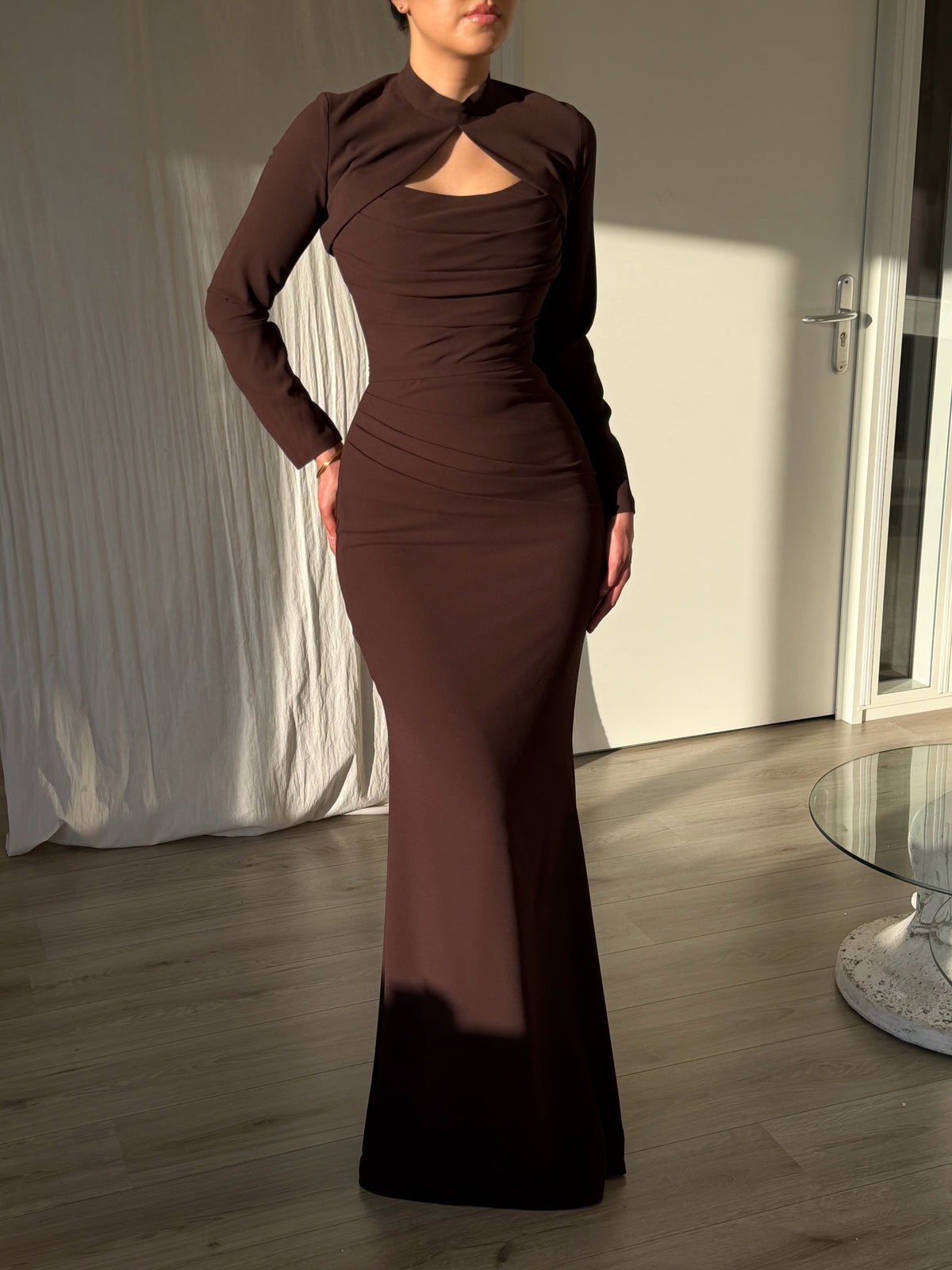 Ruched Cut-Out Maxi Dress with High Neck Bolero