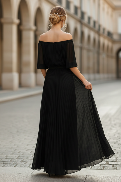 Off Shoulder Pleated Chiffon Maxi Dress with High Slit
