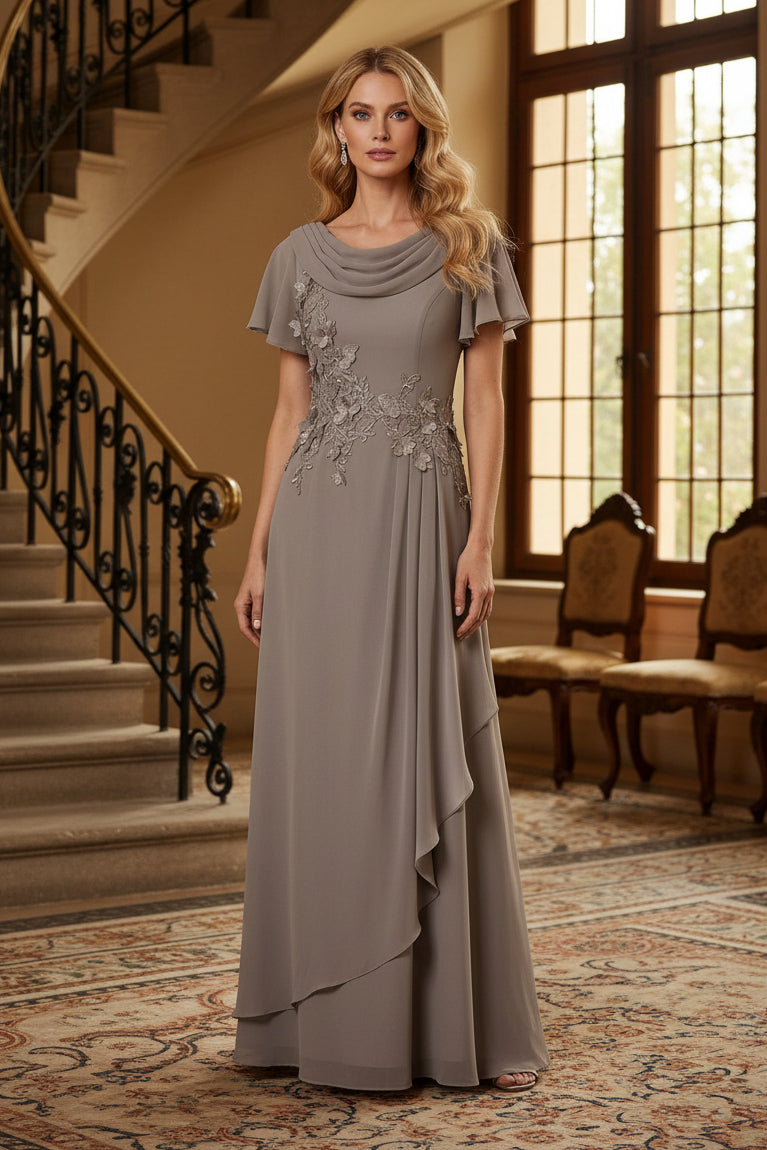 Cowl Neck Chiffon Gown with Flutter Sleeves