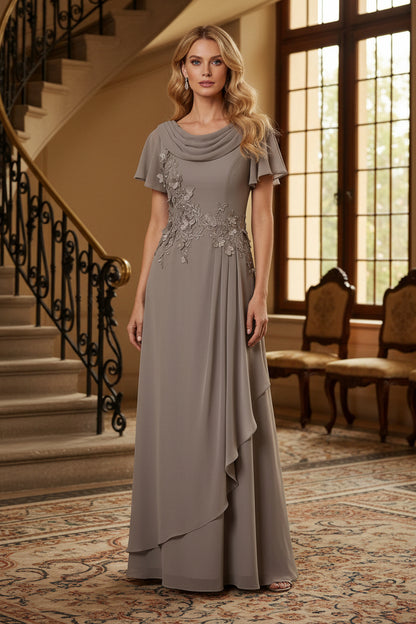 Cowl Neck Chiffon Gown with Flutter Sleeves
