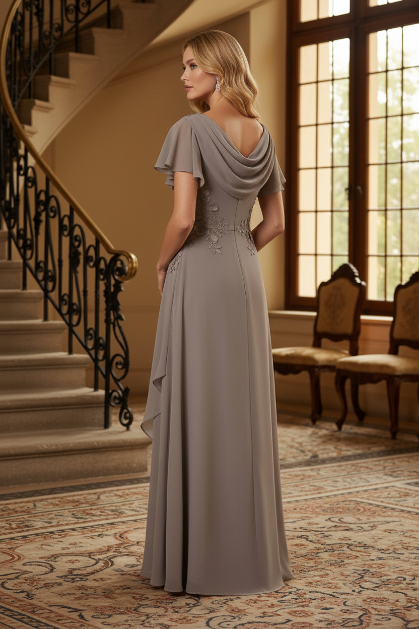 Cowl Neck Chiffon Gown with Flutter Sleeves