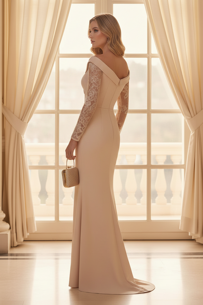 Off Shoulder Lace Sleeve Evening Gown with Slit