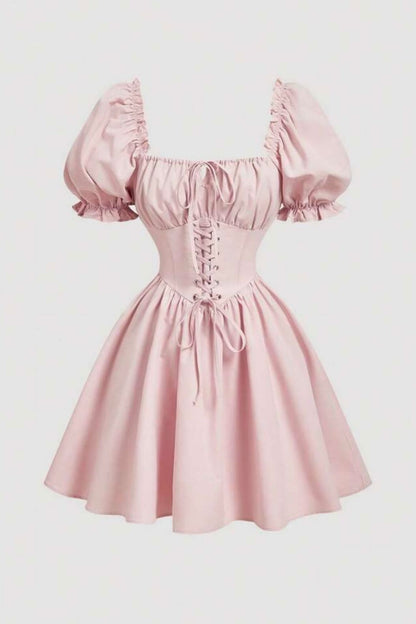 Lace-Up Corset A-Line Mini Puff Sleeve Dress