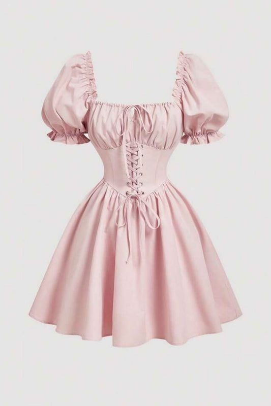 Lace-Up Corset A-Line Mini Puff Sleeve Dress