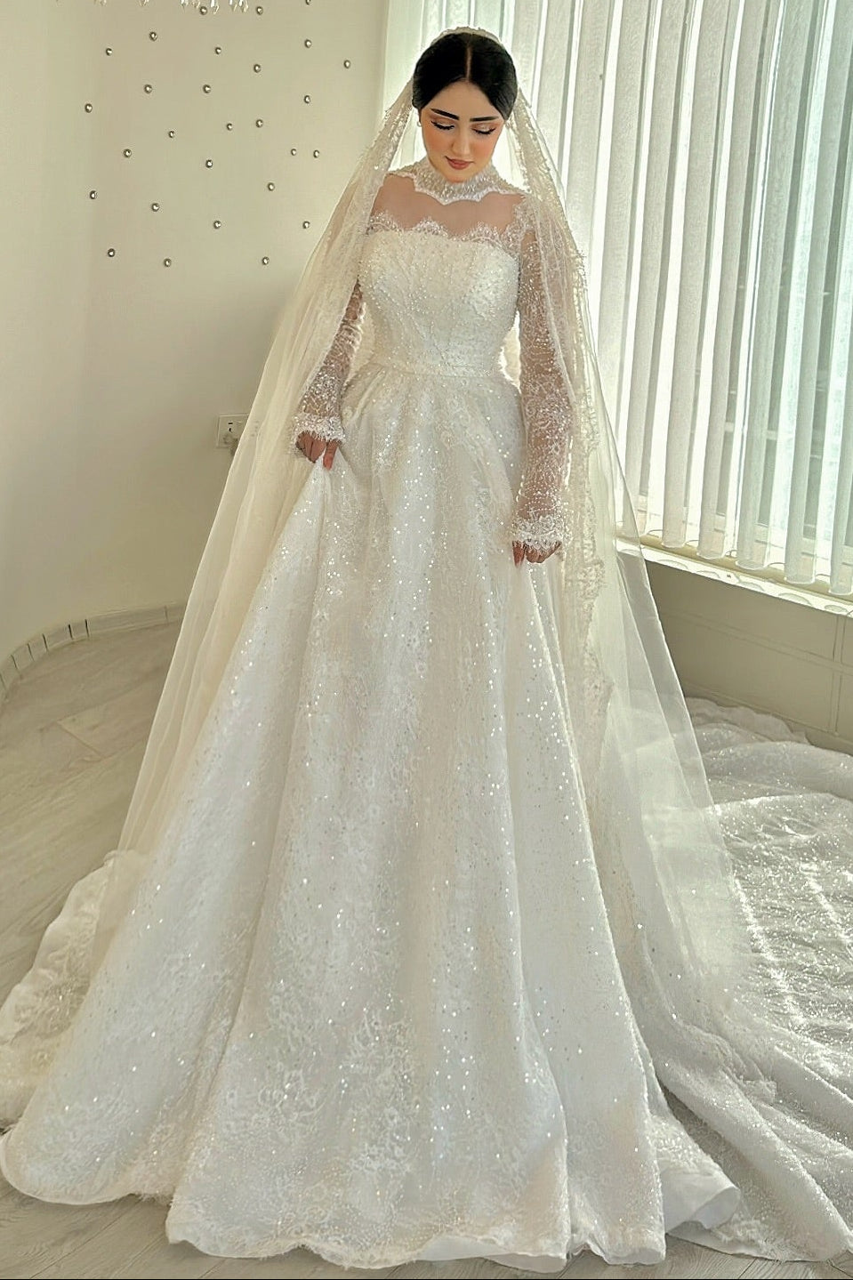 High Neck Illusion Long Sleeve Ball Gown Wedding Dress